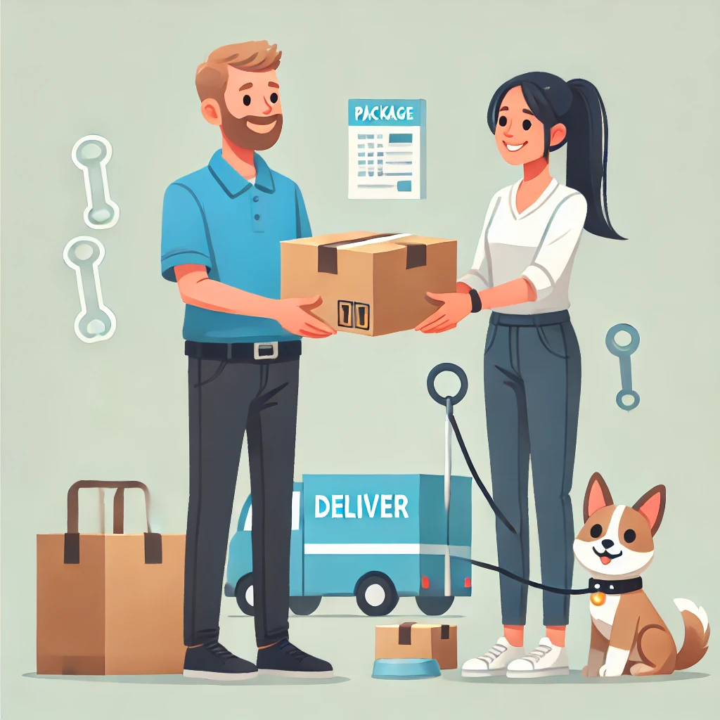 Refund and Returns Policy 1 DALL·E 2024 10 25 03.27.35 A courier delivery person handing over a package to a happy customer with a small pet dog or cat nearby. The image is cheerful clean and has a mo Refund and Returns Policy