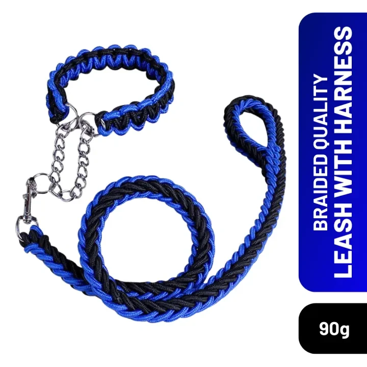 Braided Blue/Black Collar & Leash Set for Dogs