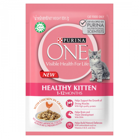 Purina-One-Cat-Wet-Food-Pouch-Healthy-Kitten-85g-12-pouches-450×450-1.png Purina One 1-12 Months Healthy Kitten With Chicken - Image 1