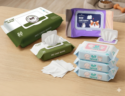 A variety of pet care wipes: a large 80-pack of olive green wipes, a purple pack with a cute corgi, and a stack of three smaller blue and pink wipes for puppies and kittens, arranged on a wooden table.